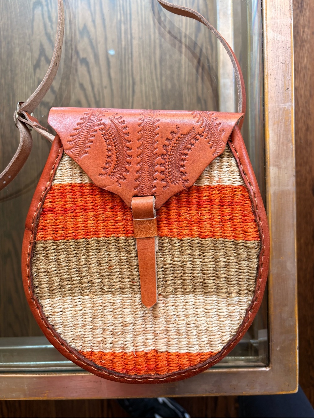 Woven Stripe Leather-Trim Crossbody Bag in Orange and Tan